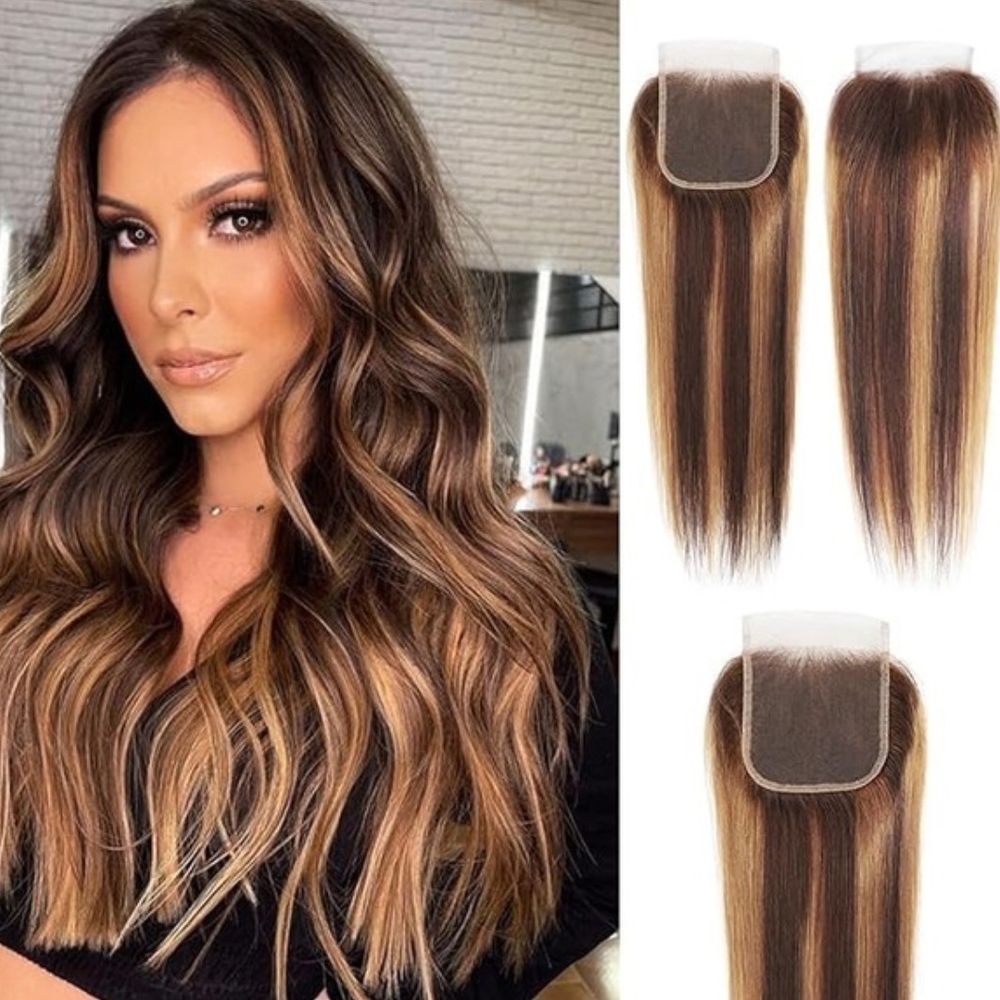 Human Hair Brown And Highlighted Blonde 5x5 Lace Closure 20 In